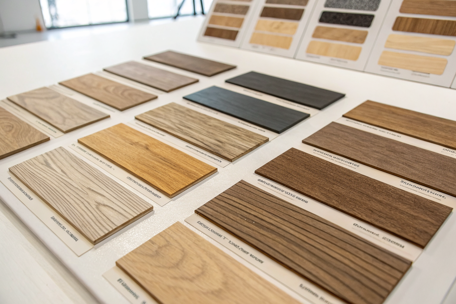 Selection of wood samples for bespoke framing at Aura Framing studio